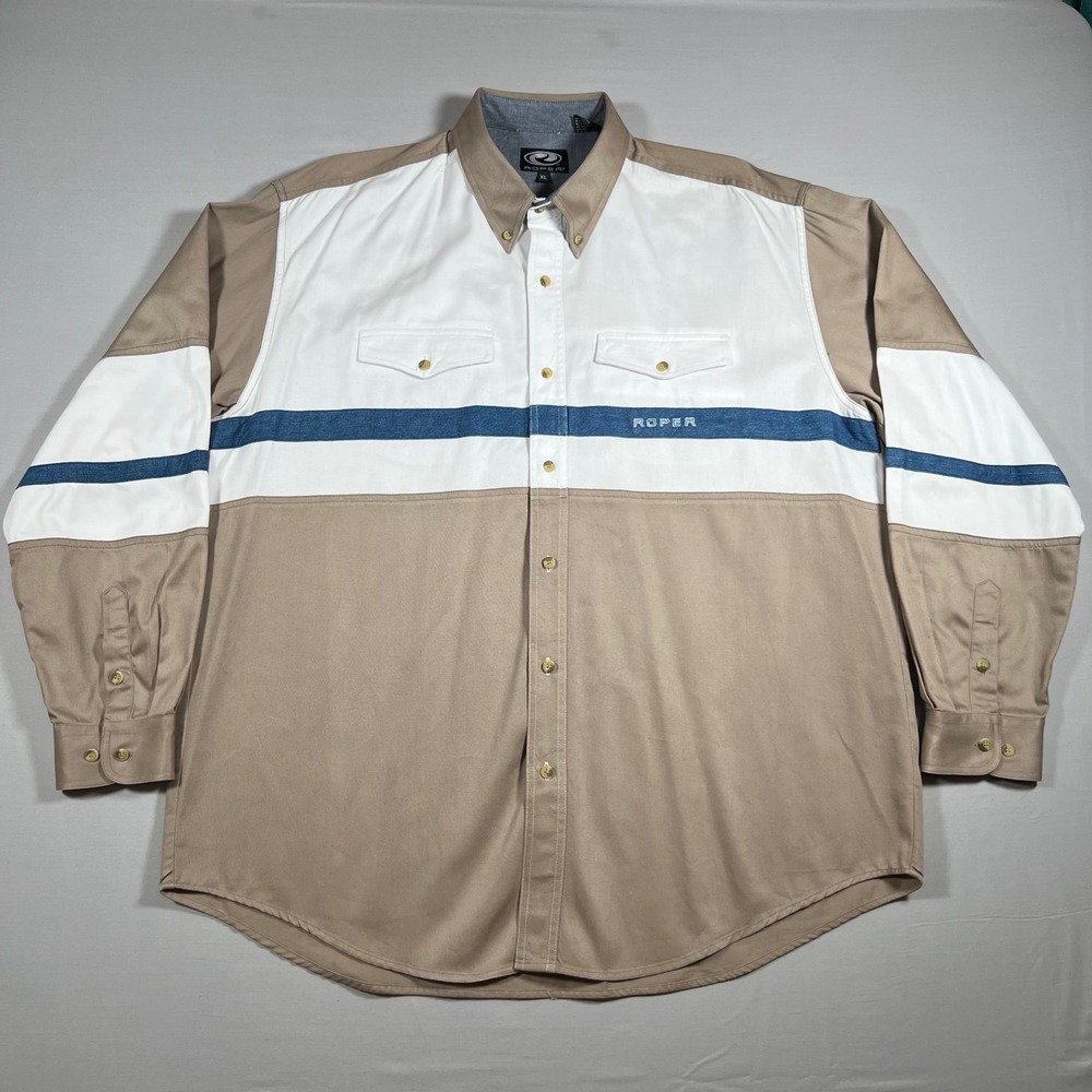 Roper Mens XL Western Button Down Shirt Colorblock Tan White Blue Cotton